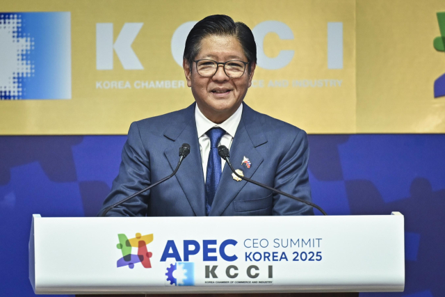▲페르디난드 마르코스 주니어 필리핀 대통령이 지난달 31일 경북 경주 예술의전당에서 열린 아시아태평양경제협력체(APEC) 최고경영자(CEO) 서밋에서 연설하고 있다. (연합뉴스)