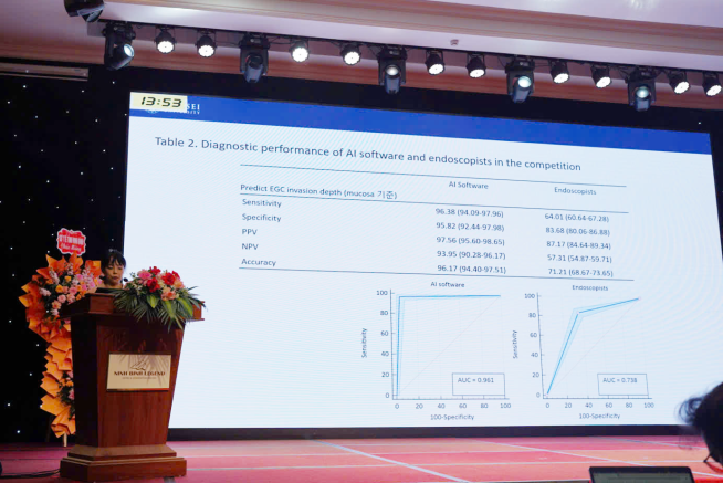 ▲김윤아 강남세브란스병원 소화기내과 교수가 베트남 닌빈에서 열린 VNAGE 2025에서 AI 내시경 ‘웨이메드 엔도’를 활용한 조기위암 진단 연구 결과를 발표하고 있다. (사진제공=웨이센)