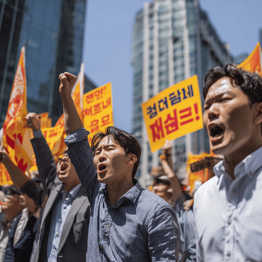 ▲경기북부 이전을 앞두고 노조원들이 반대 입장을 밝히고 있는 이미지. (김재학 기자·미드저니)