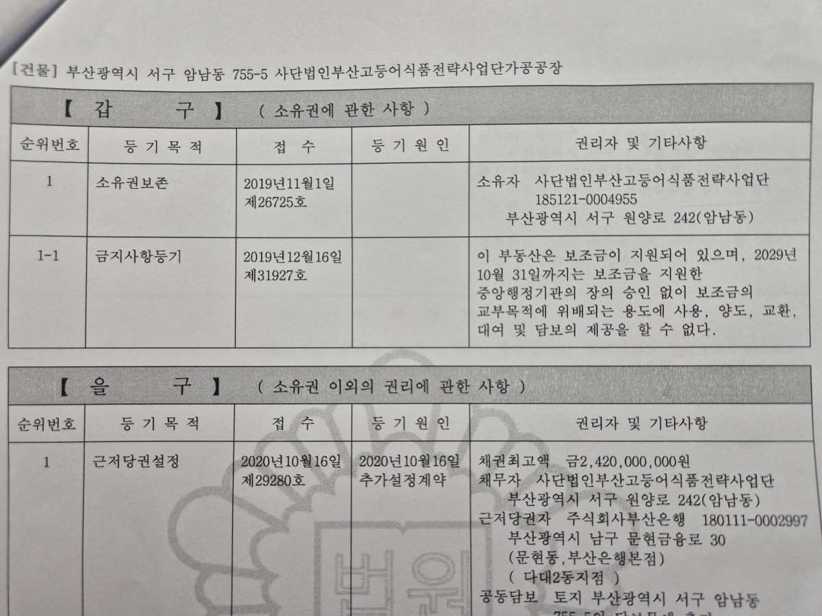 ▲사단법인 부산고등어식품 전략사업단 가공공장 건물 등기부등본  (건물등기부등본)