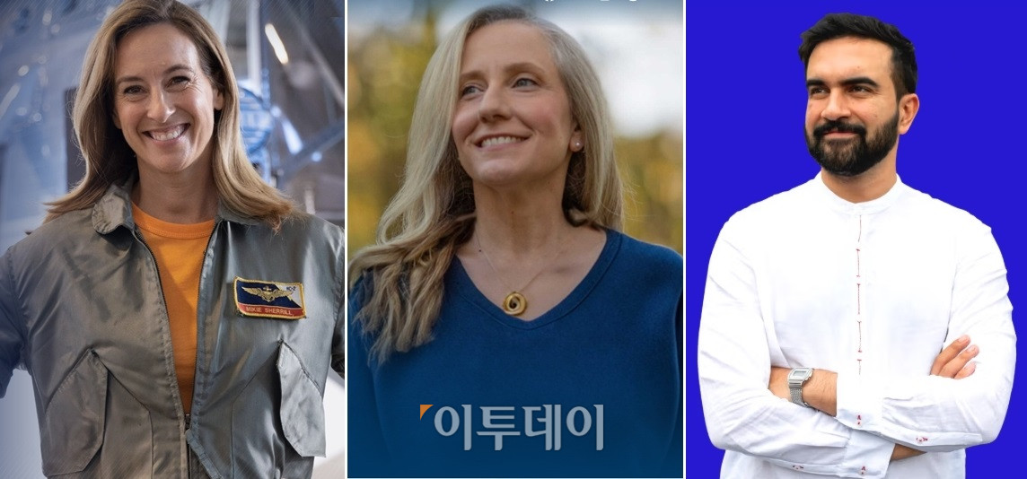 ▲사진 왼쪽부터 뉴저지 주지사 당선자인 마이키 셰릴 하원의원, 버지니아 주지사 당선자인 에비게일 스팬버거 전 하원의원, 뉴욕시장에 당선한 조란 맘다니 뉴욕주 의원의 모습. 당선자 3명 모두 야당인 민주당 소속이다.  (출처 각 후보 선거캠프)