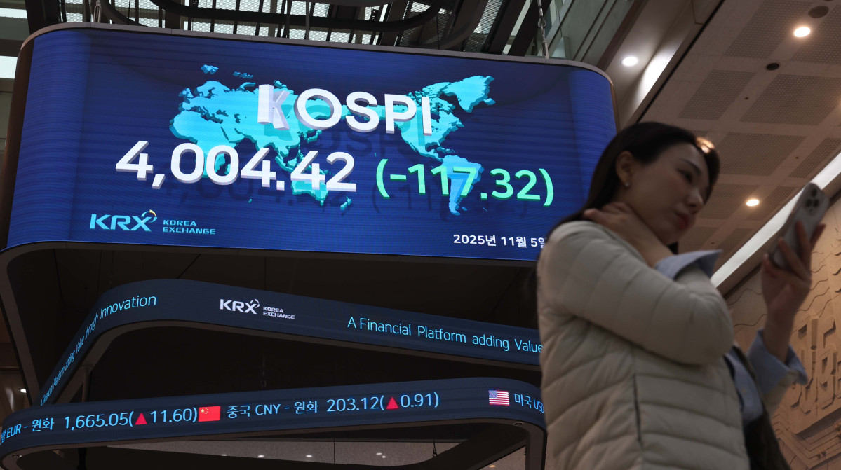 ▲5일 오전 한때 전장보다 6%넘게 급락하며 사이드카가 발동된 코스피가 하락폭을 만회하며 4000선을 회복했다. 이날 코스피는 전장보다 117.32포인트(2.85%) 내린 4004.42에, 코스닥은 24.68포인트(2.66%) 하락한 901.89에 장을 마감했다. 서울 여의도 한국거래소 전광판에 코스피 종가가 표시되고 있다. 신태현 기자 holjjak@