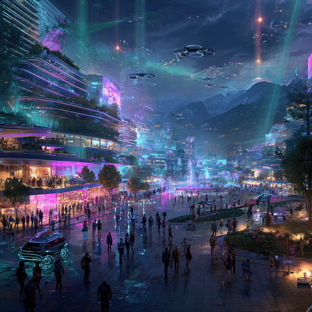 ▲AI 발전으로 변화된 경기도의 미래 비전은 녹지와 스마트 기술이 통합된 이미지. (김재학 기자·미드저니)