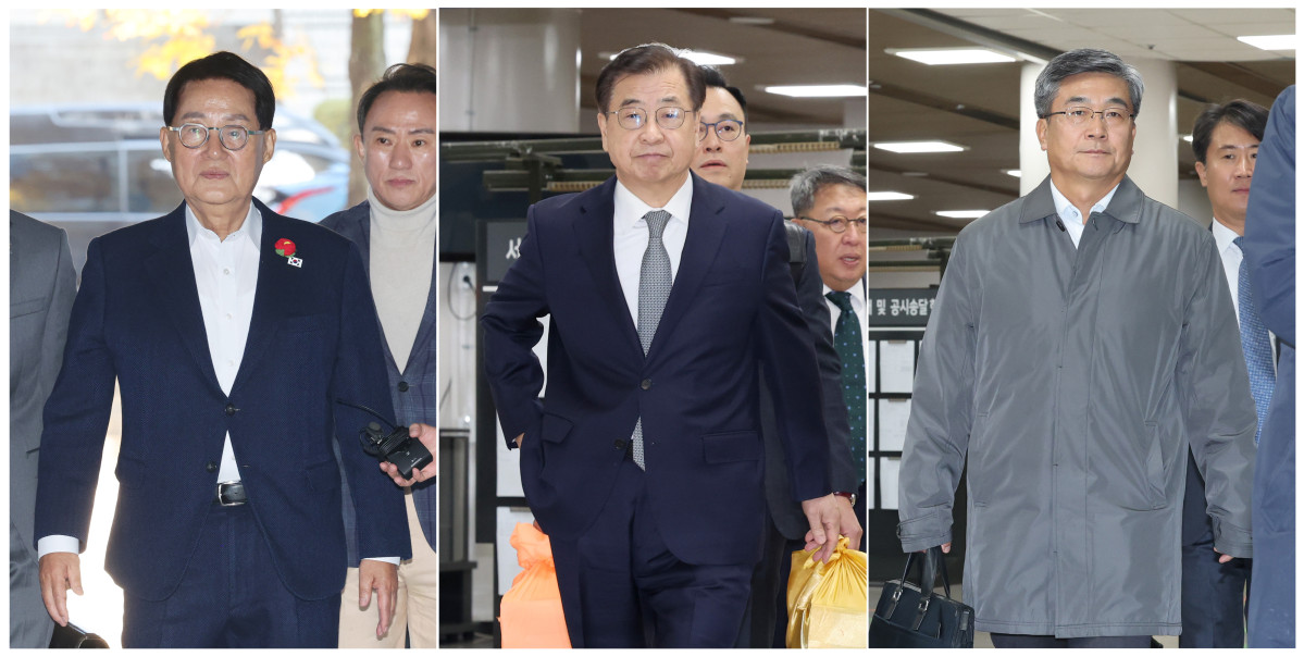 ▲2020년 9월 서해에서 발생한 공무원 피격 사건을 은폐하려 한 혐의로 재판에 넘겨진 박지원 전 국가정보원장(왼쪽부터), 서훈 전 청와대 국가안보실장, 서욱 전 국방부 장관이 5일 서울중앙지법에서 열린 결심 공판에 출석하고 있다. (연합뉴스)