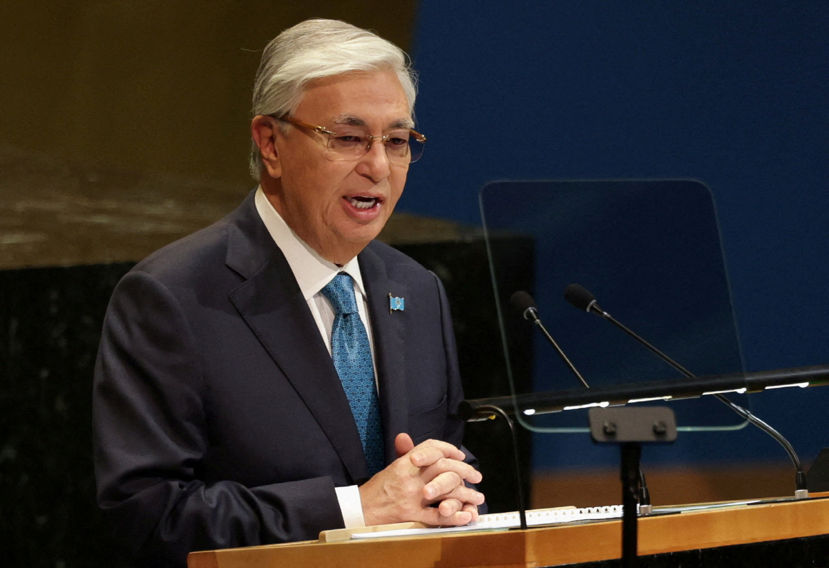 ▲카심-조마르트 토카예프 카자흐스탄 대통령이 9월 23일 미국 뉴욕에서 연설하고 있다. 뉴욕/로이터연합뉴스