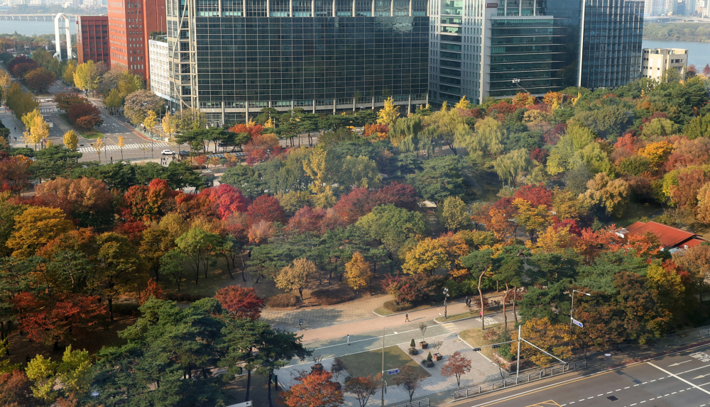 ▲8일 가을비가 예보된 가운데, 도심의 공원에서는 단풍이 든 나무들 사이로 시민들이 산책을 하고 있다. (이투데이DB)