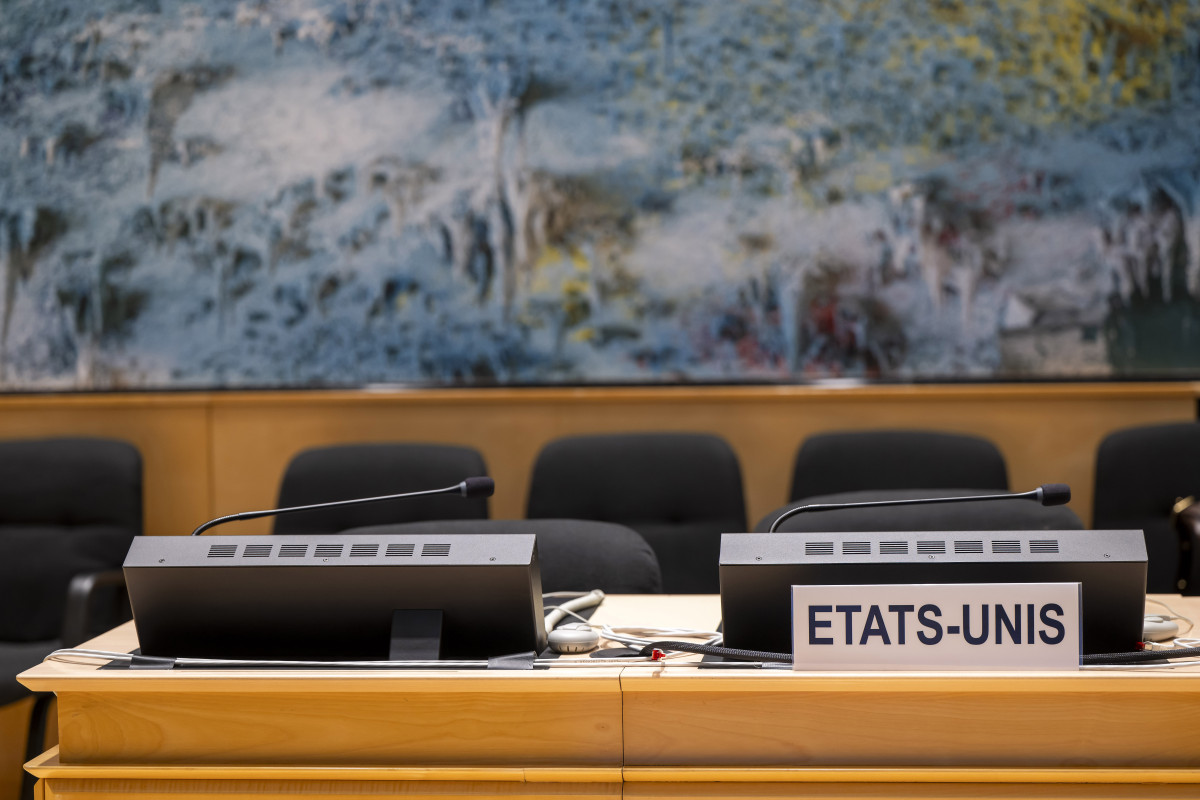 ▲(EPA=연합뉴스) 스위스 제네바 소재 UN 유럽본부에서 7일(현지 시간) 보편적 인권 정례 검토(UPR) 회의가 열렸지만 미국은 불참했다. 사진은 비어있는 미국 측 자리.