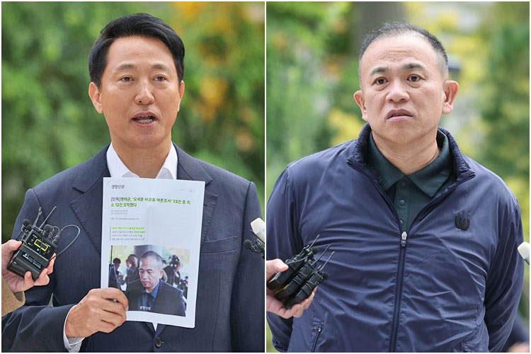 ▲오세훈 서울시장(왼쪽)과 정치브로커 명태균 씨가 8일 '여론조사비 대납 의혹'을 수사하는 민중기 특별검사팀의 사무실이 마련된 서울 KT광화문빌딩 웨스트에 조사를 받기 위해 출석하고 있다. (연합뉴스)