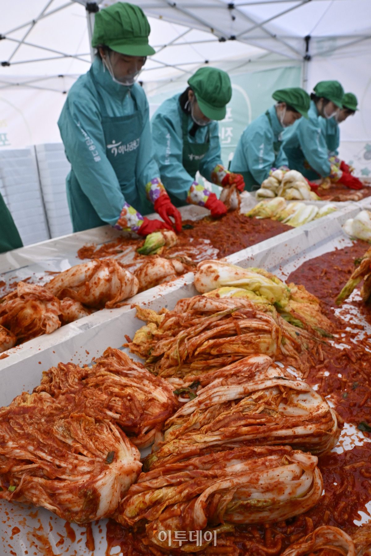 ▲10일 서울 중구 하나금융그룹 명동사옥에서 열린 2025 모두하나데이 사랑의 김장 나눔에서 임직원들이 김장을 하고 있다. 이날 행사에는 하나금융그룹 및 관계사 임직원들 250여명이 참여해 1만1111포기의 김치를 담가 지역사회에 기부할 예정이다. 조현호 기자 hyunho@