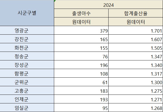 ▲2024년 기준 합계출산율 상위 20개 시군구의 출생아 수 및 합계출산율. (자료=국가통계포털(KOSIS))
