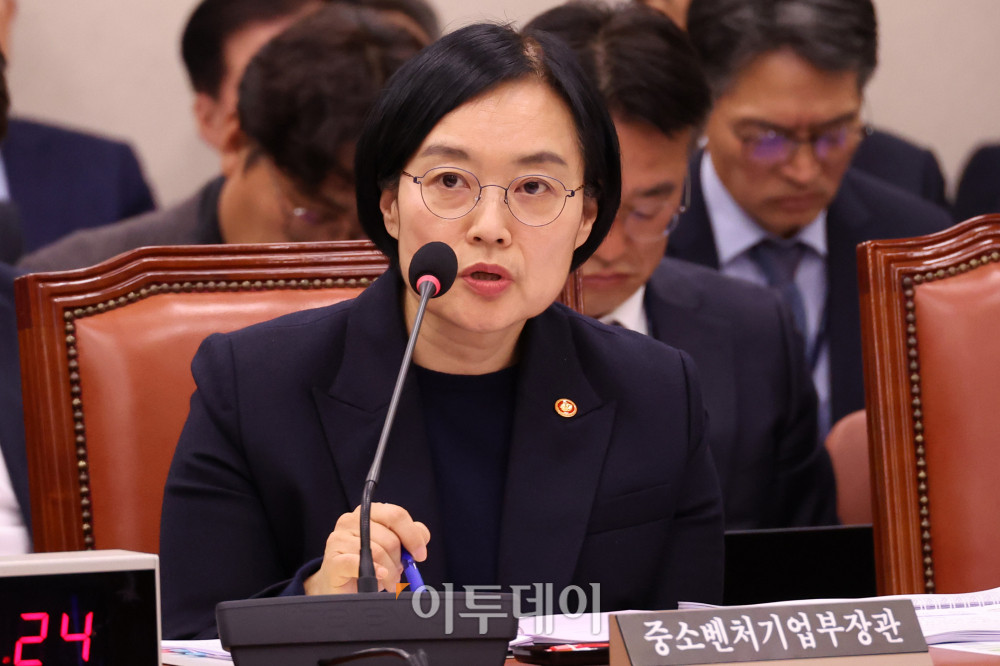▲한성숙 중소벤처기업부 장관이 11일 서울 여의도 국회에서 열린 산업통상자원중소벤처기업위원회 전체회의에서 의원 질의에 답하고 있다. 고이란 기자 photoeran@