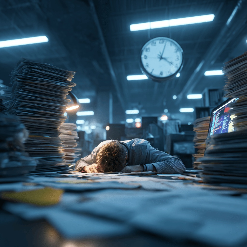 ▲스트레스를 받은 회사원이 바닥에 쓰러짐 이미지. (김재학 기자·미드저니)