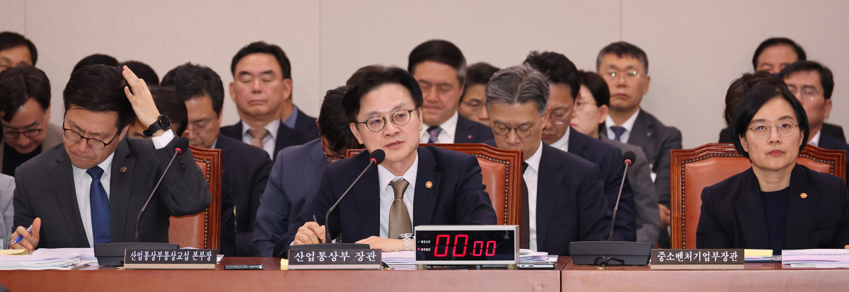 ▲김정관 산업통상부 장관이 11일 서울 여의도 국회에서 열린 산업통상자원중소벤처기업위원회 전체회의에서 질의에 답하고 있다. 2025.11.11 (연합뉴스)