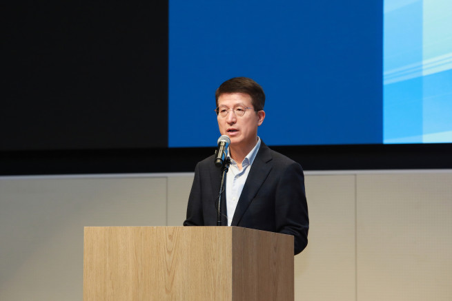 ▲오세철 삼성물산 건설부문 대표가 '2025 AI Day' 행사에서 환영사를 하고 있다. (사진제공=삼성물산)