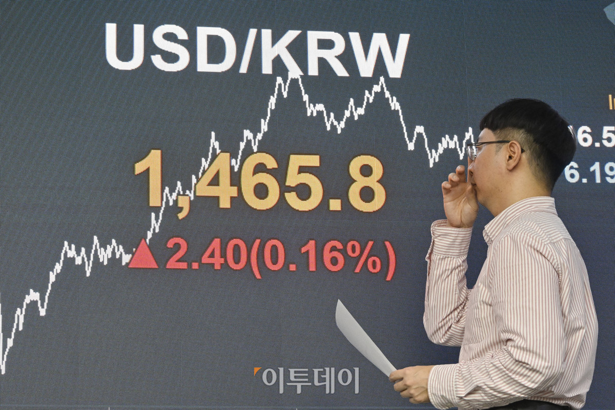 ▲코스피 지수가 기관의 매수세에 힘입어 상승 마감하며 4150선에 거래를 마쳤다. 12일 서울 영등포구 KB국민은행 딜링룸 전광판에 원·달러 환율이 표시돼 있다. 이날 원·달러 환율은 종가 기준 1465.8원을 나타냈다. 최근 달러화는 미국 연방정부의 셧다운 해제가 임박하면서 해제 이후 소비가 늘어날 것이란 기대감에 강세를 띠고 있다. 조현호 기자 hyunho@