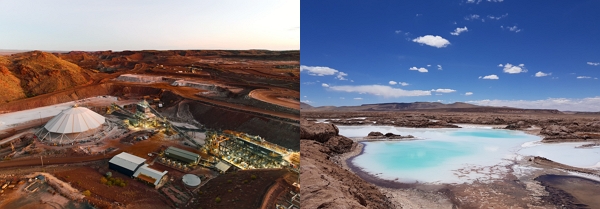 ▲(왼쪽) 호주 미네랄 리소스가 보유·운영 중인 서호주 워지나 리튬 광산과 (오른쪽) 2. 아르헨티나 옴브레 무에르토 리튬 염호. (사진= 포스코홀딩스)
