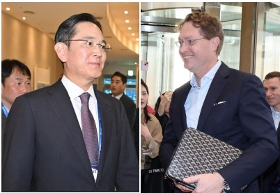 ▲이재용 삼성전자 회장(왼쪽)과 올라 칼레니우스 메르세데스 벤츠 회장 (연합뉴스/이투데이DB)