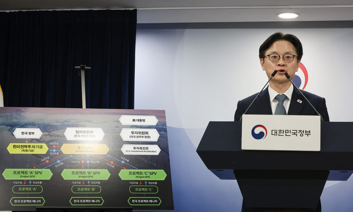 ▲김정관 산업통상부 장관이 14일 서울 종로구 정부서울청사에서 한미 관세협상 팩트시트 및 MOU 관련 브리핑을 하고 있다. (사진제공=연합뉴스)