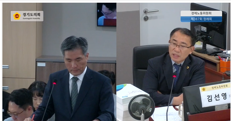 ▲김선영 경기도의원이 행정사무감사에서 경기신보 인력 구조와 경기도 인력 통제 문제를 강하게 지적하고 있다. (경기도의회)