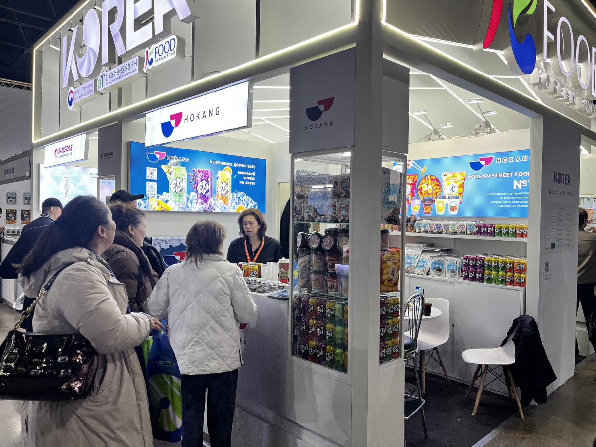 ▲12일부터 14일까지 카자흐스탄 아타켄트 엑스포 센터에서 열린 ‘2025 알마티 국제식품 박람회’ 통합 한국관 전경. (사진제공=한국농수산식품유통공사(aT))