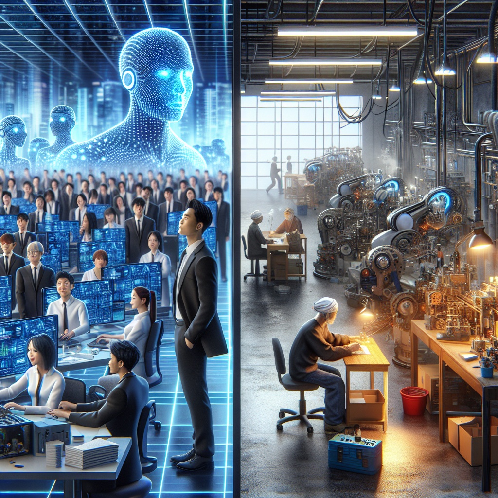 ▲한국의 대기업과 소규모 제조 기업 간의 AI 인력 배치 상황이 대조를 이루고 있다. 이미지 왼쪽 대기업은 첨단 컴퓨터로 작업하는 다양한 AI 연구원 및 엔지니어로 가득 찬 분주하고 현대적인 사무실을 보여준다. 반면, 중소기업은 작업자 1명이 AI 기술을 구현하기 위해 고군분투하는 전통적인 제조 작업장의 모습을 표현했다. (출처=오픈 AI 달리)