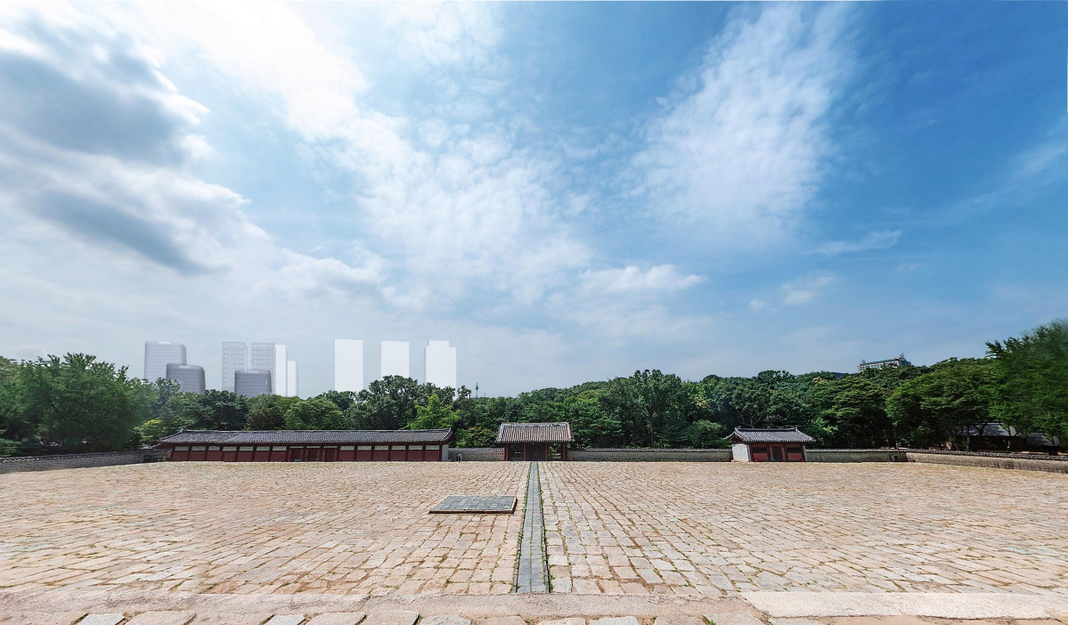 ▲종묘 정전 상월대에서 세운지구를 바라본 시뮬레이션(사업시행계획 인가 완료된 구역 추가) (서울시)