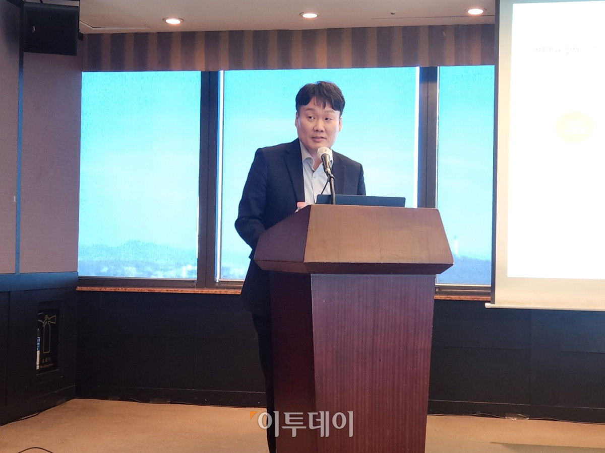 ▲허남구 에임드바이오 대표는 18일 서울 영등포구 63컨벤션센터에서 열린 IPO 기자간담회에서 발표하고 있다. (이상민 기자 imfactor@)