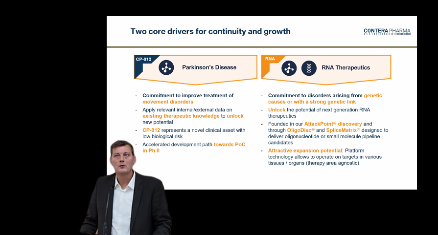 ▲토마스 세이거(Thomas Seeger) 콘테라파마 CEO가 회사의 R&D 전략을 발표하고 있다. (사진제공=부광약품)