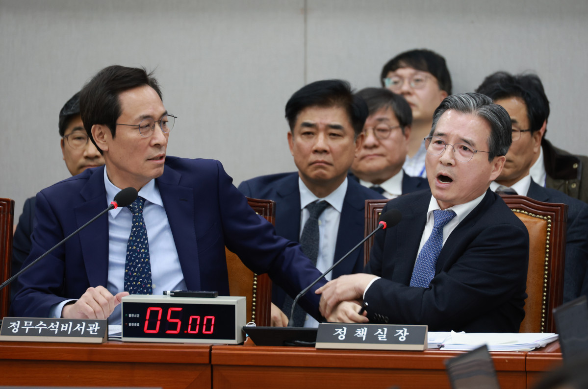 ▲김용범 대통령비서실 정책실장이 18일 서울 여의도 국회에서 열린 운영위원회 전체회의에서 김은혜 국민의힘 의원의 전세 관련 질의를 듣던 중 가족이 언급되자 격노하고 있다. 옆에 있던 우상호 정무수석이 만류하고 있다. 2025.11.18. (뉴시스)