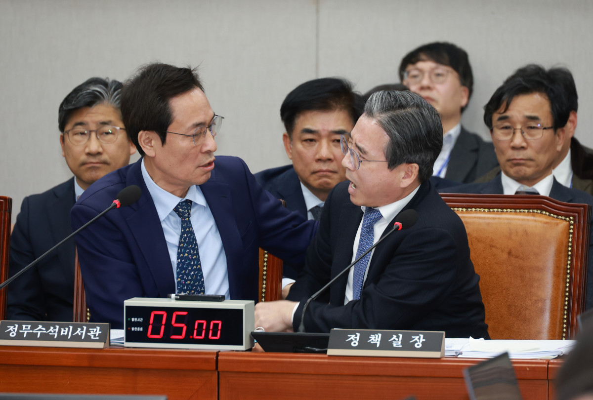 ▲김용범 대통령비서실 정책실장이 18일 서울 여의도 국회에서 열린 운영위원회 전체회의에서 김은혜 국민의힘 의원의 전세 관련 질의를 듣던 중 가족이 언급되자 격노하고 있다. 옆에 있던 우상호 정무수석이 만류하고 있다. 2025.11.18.  (뉴시스)