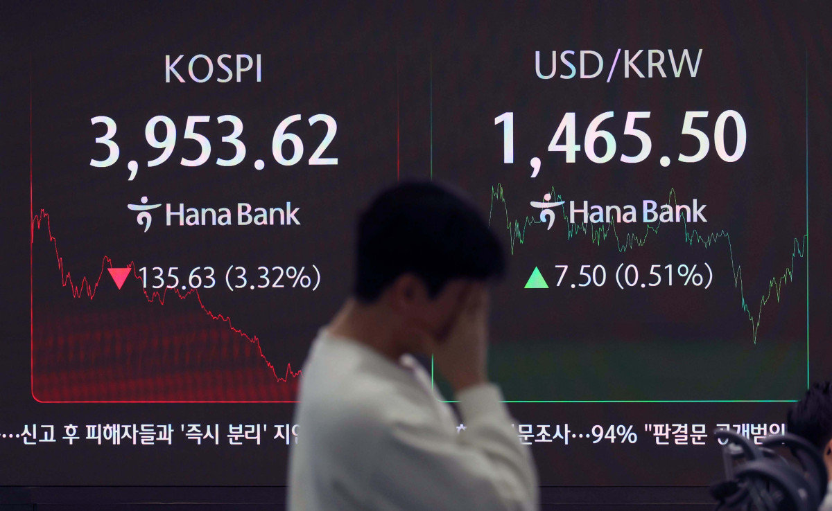 ▲코스피가 미국발 인공지능(AI) 거품 우려 등으로 4000선이 무너진 18일 서울 중구 하나은행 딜링룸 모니터에 코스피와 원·달러환율 등 시황이 표시되고 있다. 이날 코스피는 전 거래일 보다 135.63포인트(3.32%) 내린 3953.62로 장을 마감했다. 원달러 환율은 전 거래일보다 7.3원 오른 1465.3원에 주간거래를 마쳤다. 코스피가 4000선을 내준 것은 10일 이후 7거래일 만이다. 신태현 기자 holjjak@
