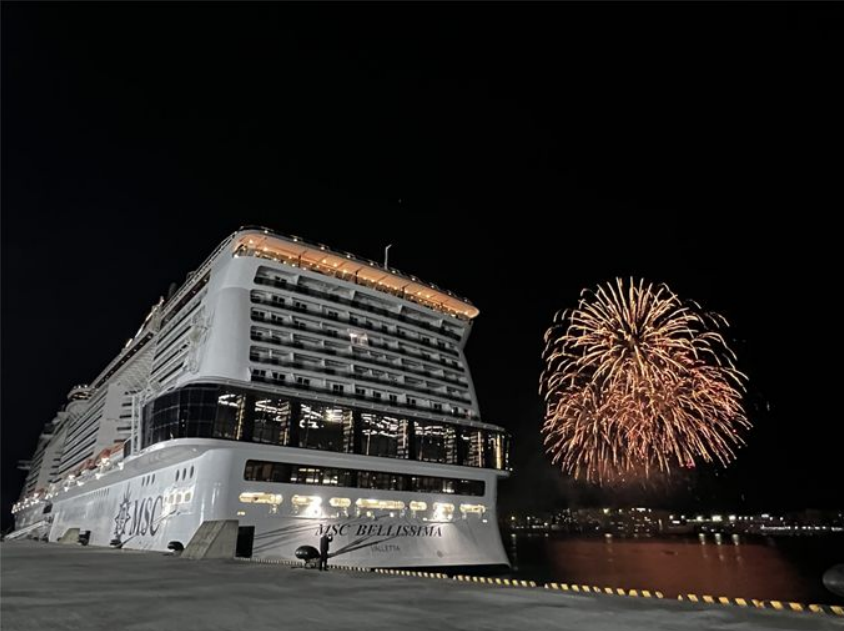 ▲MSC 벨리시마호 영도 국제크루즈터미널 입항('24.10.8.) 사진 모습 (사진제공=부산시)