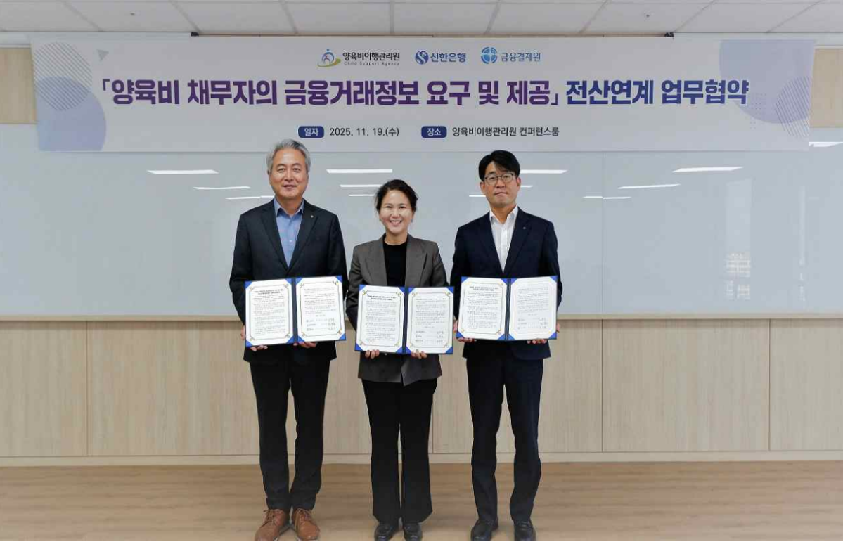 ▲왼쪽부터 김광휘 금융결제원 금융정보본부장, 전지현 양육비이행관리원장, 김홍식 신한은행 채널지원본부장 (양육비이행관리원)