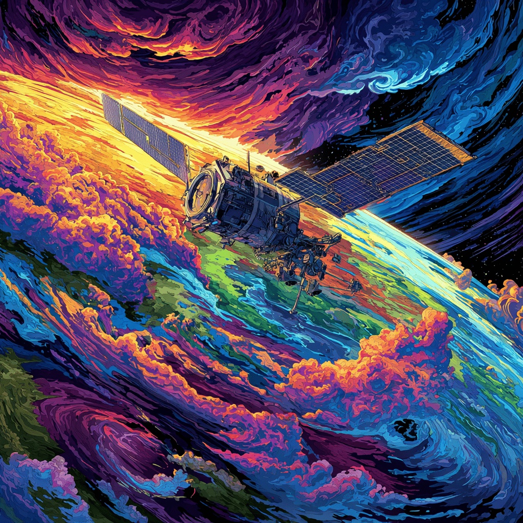 ▲지구 궤도를 도는 기후 위성 이미지 (김재학 기자·미드저니)