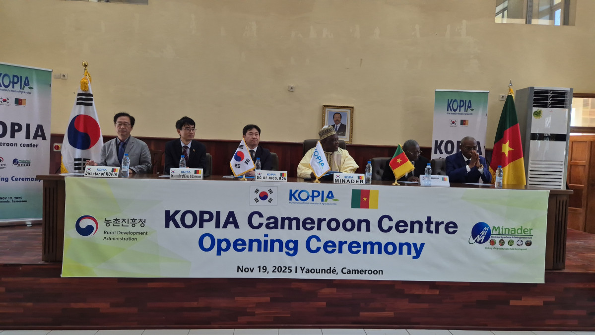 ▲곽도연 농진청 국립식량과학원 원장, 남기욱 주카메룬 대사, 가브리엘 음바이로베 카메룬 농업농촌개발부 장관 등 양국 주요 인사들이 19일(현지시간) 카메룬 수도 야운데 농업농촌개발부에서 열린 ‘코피아(KOPIA) 카메룬센터’ 개소식에 참석해 대화를 나누고 있다. (사진제공=농촌진흥청)