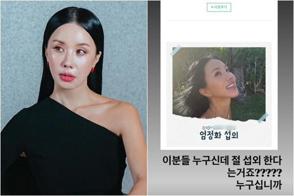 ▲엄정화(왼)가 올린 무단 홍보 글(오른쪽). (출처=엄정화SNS)