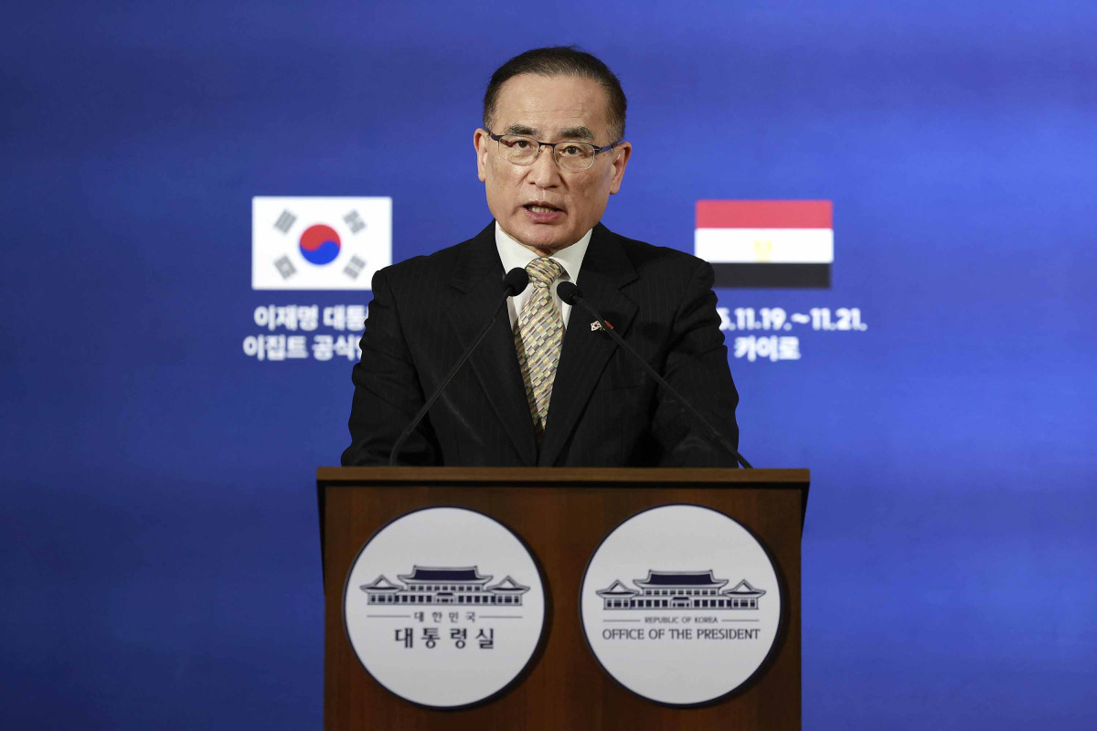 ▲위성락 국가안보실장이 20일(현지 시간) 이집트 카이로 한국 프레스센터에서 한-이집트 정상회담 관련 기자회견을 하고 있다. 2025.11.21.  (뉴시스)