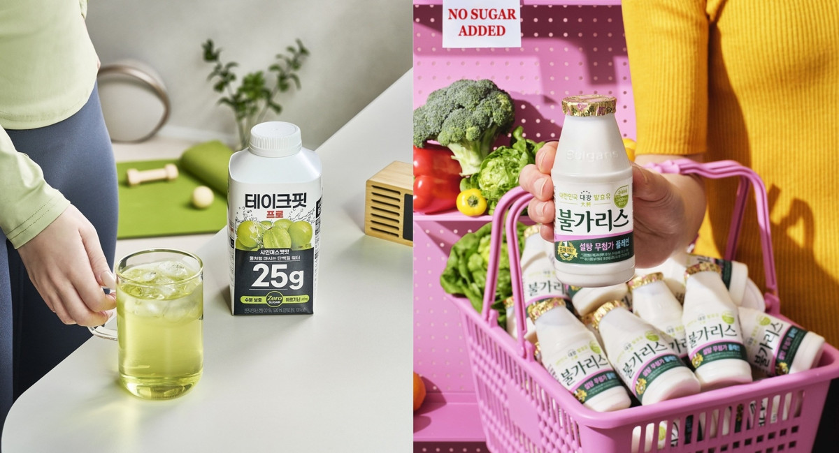 ▲남양유업 테이크핏 프로 샤인머스캣맛(왼쪽)과 불가리스 설탕 무첨가 플레인. (사진제공=남양유업)