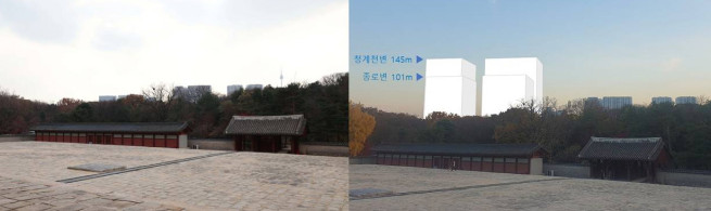 ▲(왼쪽부터)종묘에서 세운4구역 재개발 사업지를 바라본 모습과 국가유산청의 개발 후 시뮬레이션 이미지. ( 신태현 기자 holjjak@, 국가유산청)