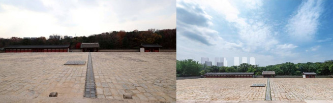 ▲(왼쪽부터)종묘에서 세운4구역 재개발 사업지를 바라본 모습과 서울시의 개발 후시뮬레이션 이미지. (신태현 기자 holjjak@, 서울시)