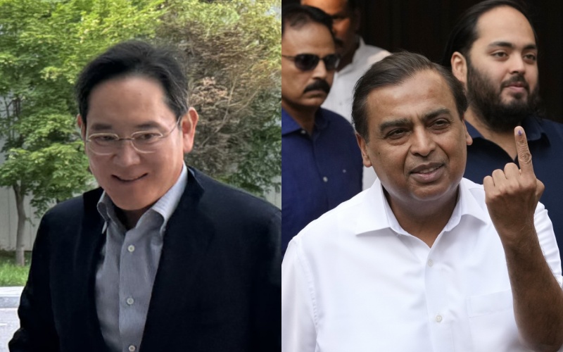 ▲이재용 삼성전자 회장과 무케시 암바니 릴라이언스 인더스트리 회장 (연합뉴스)