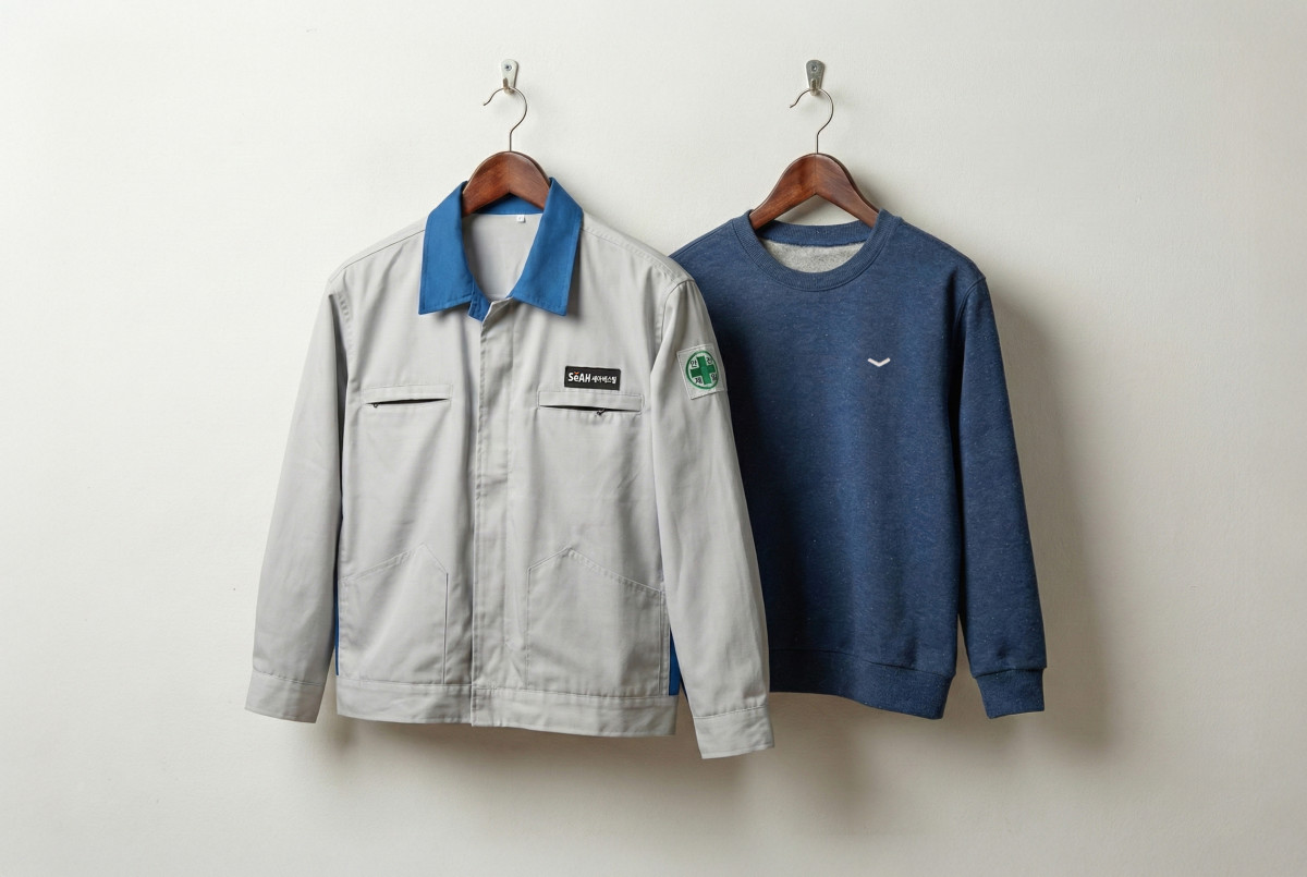 ▲폐근무복 업사이클링 캠페인에 참여한 세아베스틸의 근무복과 업사이클링으로 탄생한 아동용 맨투맨. (사진= 세아그룹)