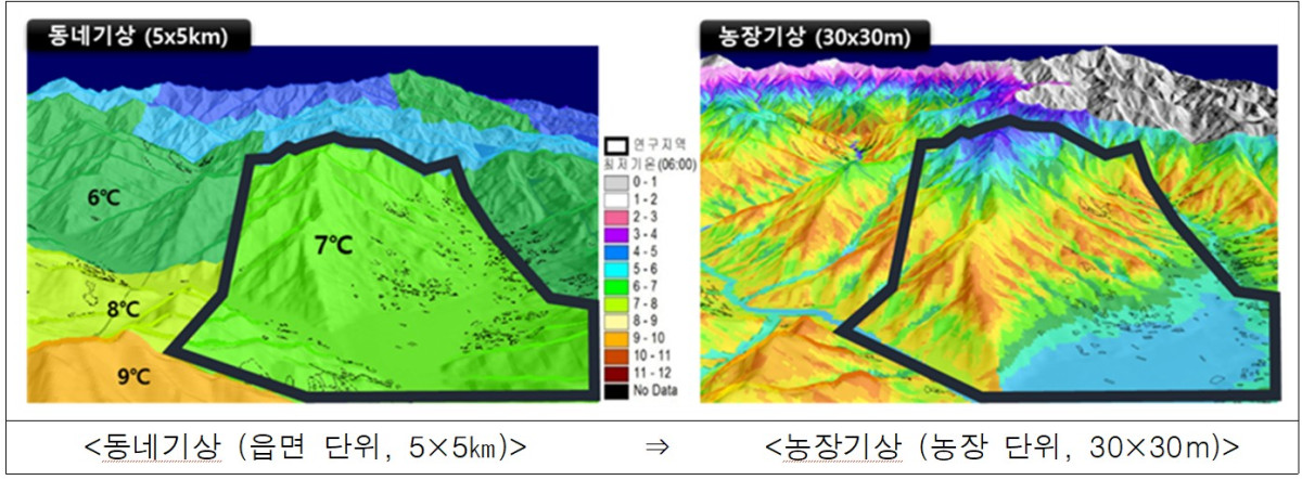 ▲기상청의 동네 예보와 농촌진흥청 농업기상재해 조기경보시스템의 예보 단위 차이 (자료제공=농촌진흥청)