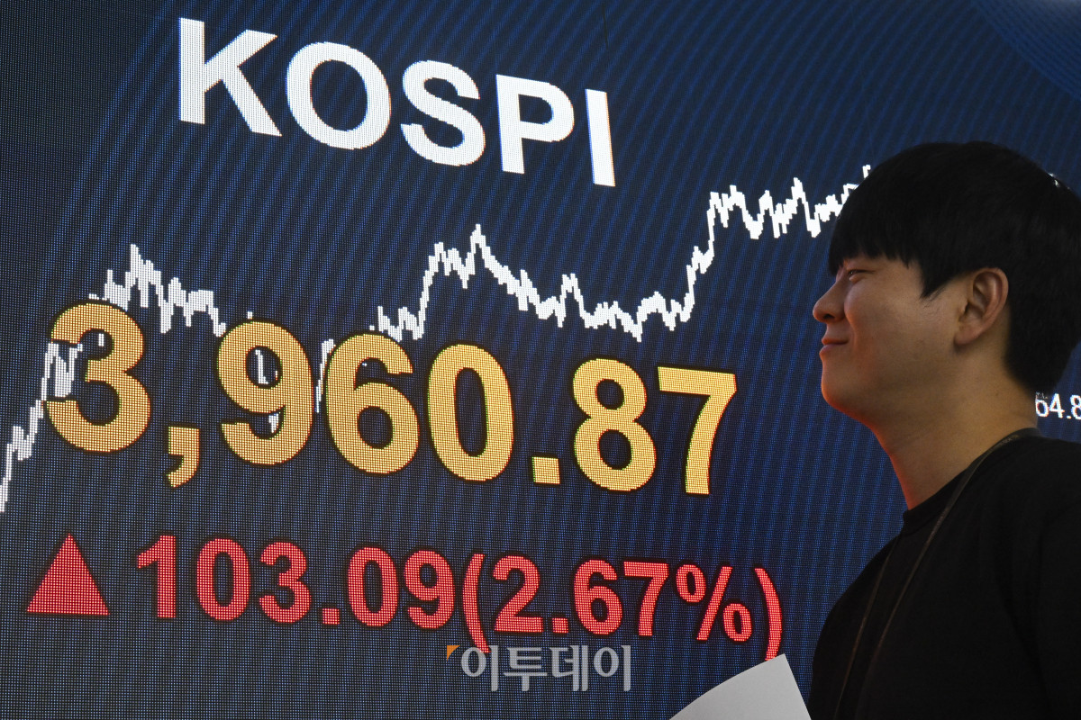 ▲코스피가 미국의 금리 인하 기대감이 재부각되면서 3960선을 회복한 26일 서울 영등포구 KB국민은행 딜링룸 전광판에 코스피가 표시돼 있다. 이날 코스피 지수는 전 거래일보다 103.09(2.67%) 포인트 상승한 3960.87을 나타냈다. 조현호 기자 hyunho@