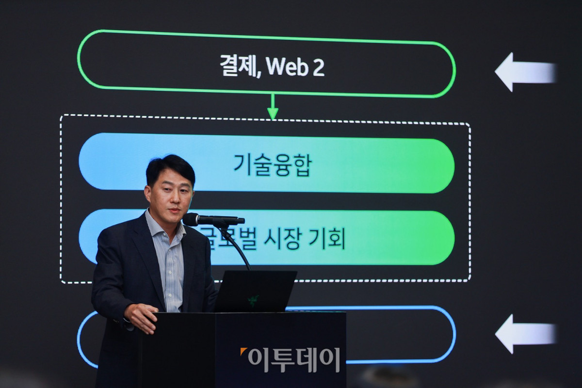 ▲오경석 두나무 대표이사가 27일 경기도 성남시 분당구 네이버 1784에서 열린 네이버-네이버파이낸셜-두나무 3사 공동 기자간담회에서 발표를 하고 있다. 사진제공=네이버