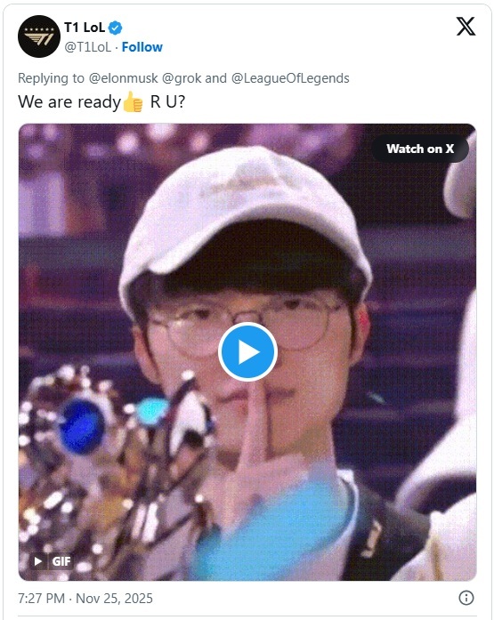 ▲T1이 머스크의 대결 제안에 페이커의 시그니처 포즈와 함께 응하겠다는 답변을 남겼다.  (출처 T1 X(옛 트위터) 캡처 )