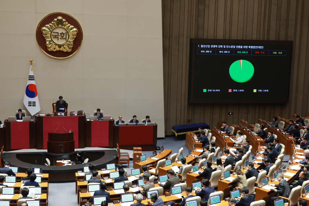 ▲27일 서울 여의도 국회에서 열린 제429회국회(정기회) 제13차 본회의에서 철강산업 경쟁력 강화 및 탄소중립 전환을 위한 특별법안(K-스틸법)이 가결되고 있다. 2025.11.27.  (뉴시스)