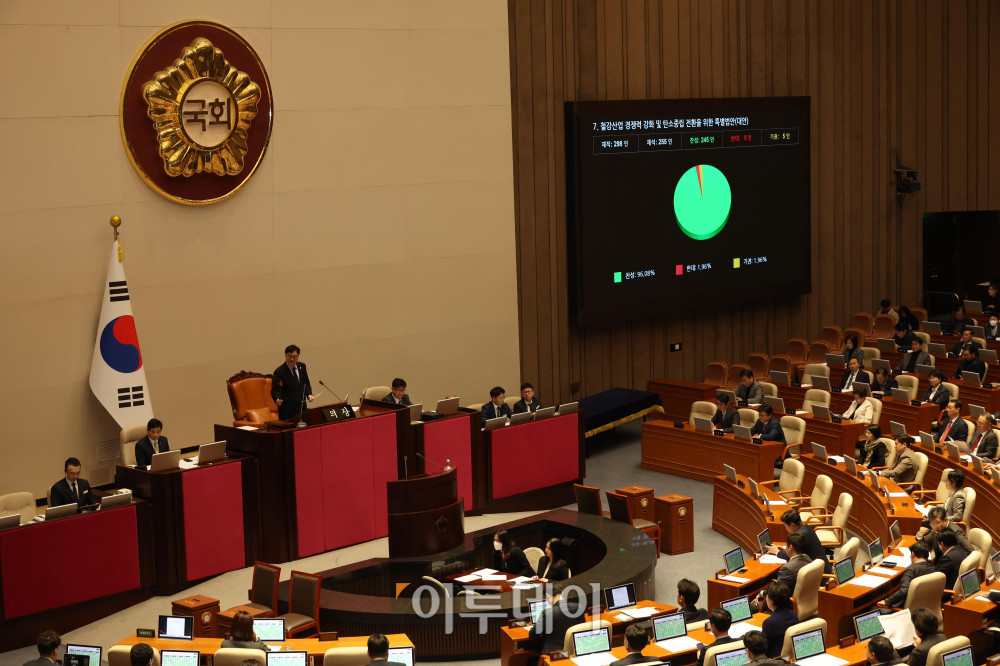 ▲27일 서울 여의도 국회에서 열린 본회의에서 철강산업 경쟁력 강화 및 탄소중립 전환을 위한 특별법안(대안) 이른바 'K스틸법'이 가결되고 있다. 고이란 기자 photoeran@