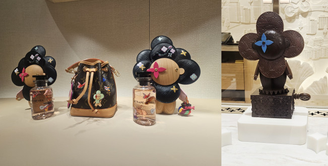 ▲왼쪽부터 서울을 위해 특별한 착장을 한 ‘비비엔(Vivienne)’과 오른쪽 초콜릿숍 ‘르 쇼콜라 막심 프레데릭 앳 루이비통’에서 판매하는 오르골 초콜릿. (사진=정영인 기자 oin@)