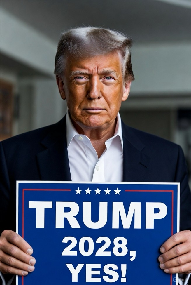 ▲'트럼프 2028'이라고 적힌 피켓을 든 트럼프 이미지. (사진제공=트럼프 트루스소셜 계정 캡처 )
